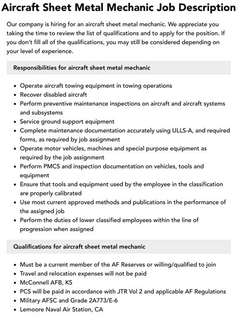 aircraft sheet metal job description|aircraft sheet metal mechanic.